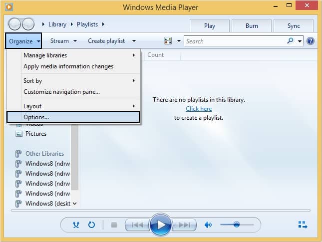 click on the Options button