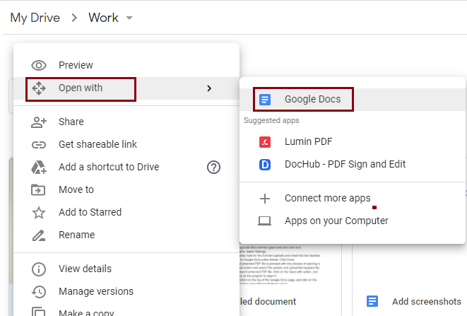 select Google Docs as the program to open it