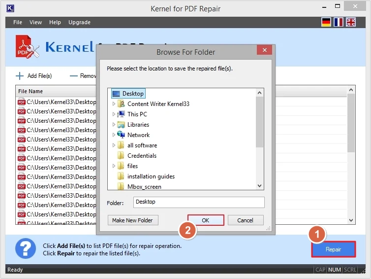 Click on Repair and give location to save the file