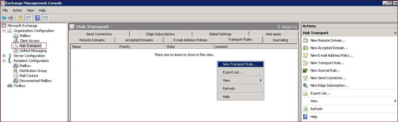 right-click and choose the option New Transport Rule
