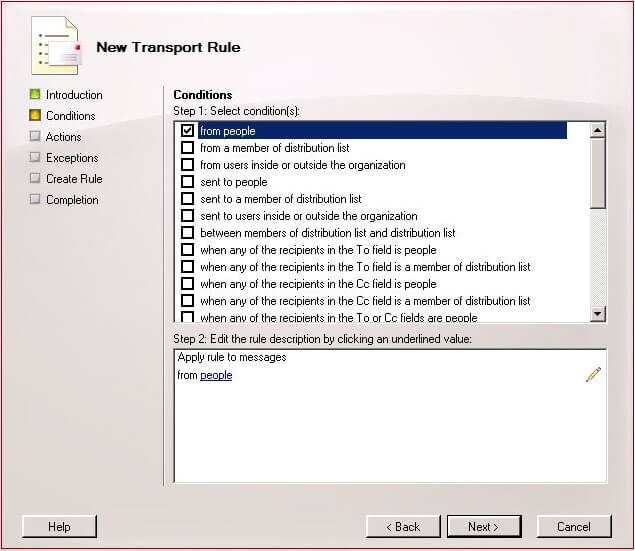 select various conditions that will apply to the rule