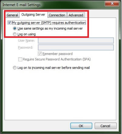 check the box against My outgoing server