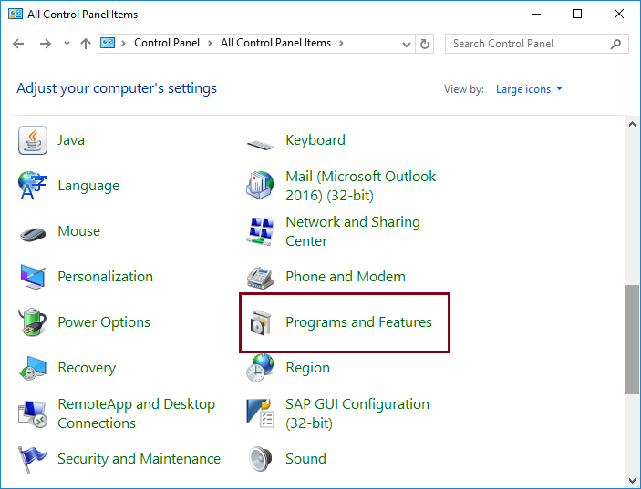 click on the Programs and Features