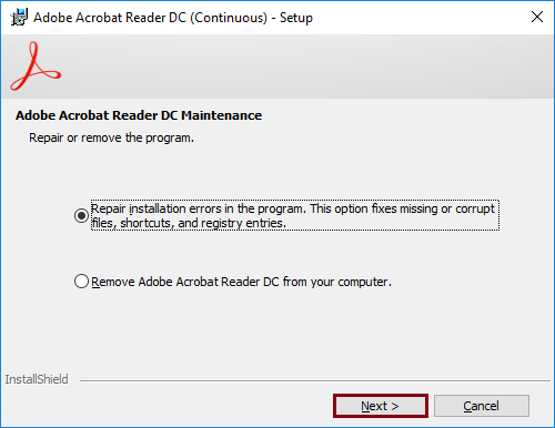 click on the repair program installation