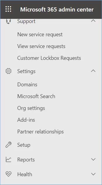 Click Settings in Office 365 Admin Center