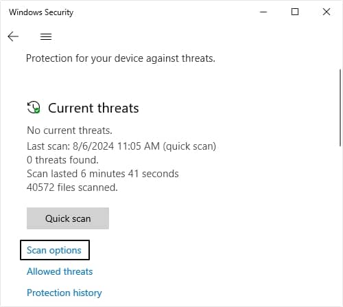 scroll down and look for Scan Options under Quick scan option