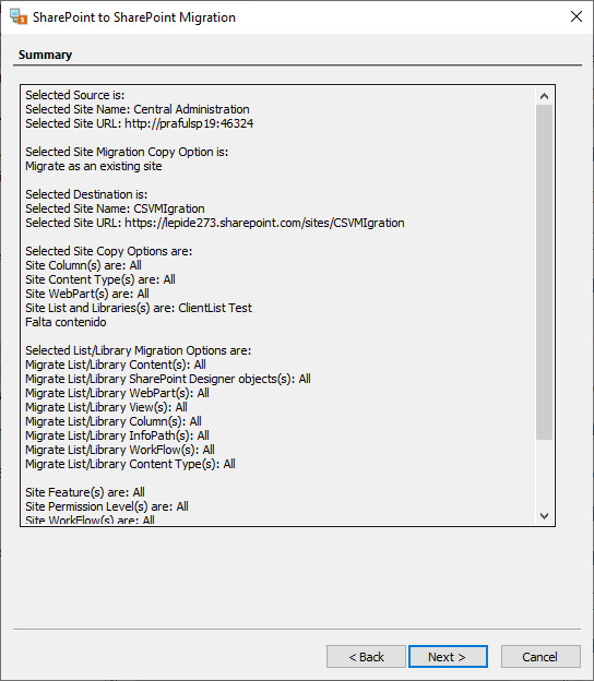 summary section shows the selected items for migration