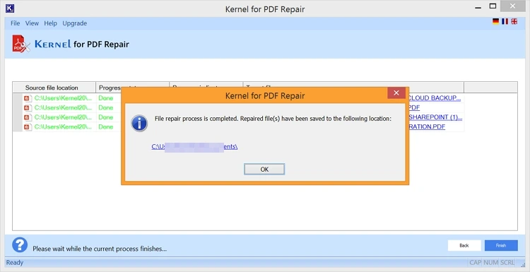 shows link to the saved repaired files
