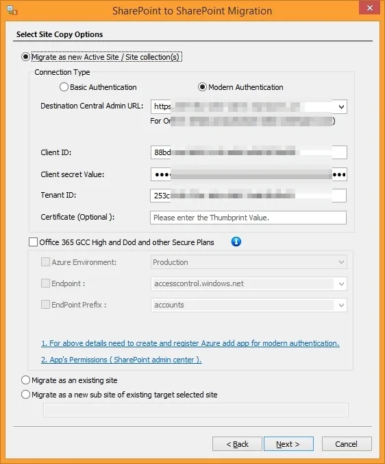 select site copy options