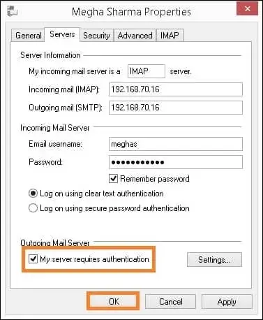 Select my server requires authentication and click ok