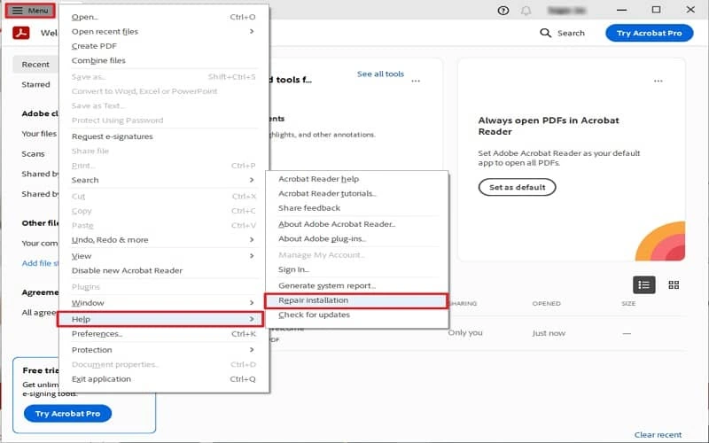 Open Adobe Acrobat Reader application and click on the Menu button