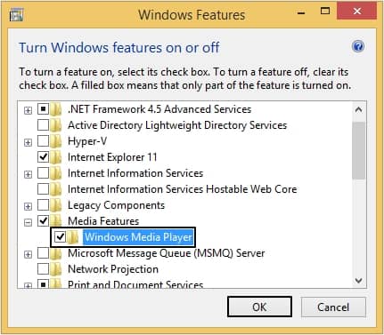 click on Media Features then uncheck Windows Media Player option and tap OK