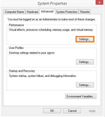 click the Settings option under the Performance section