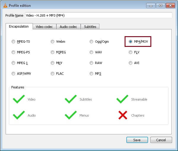  In Encapsulation select MP4/MOV 