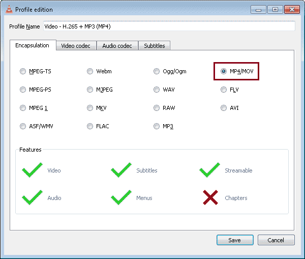  In Encapsulation select MP4/MOV 