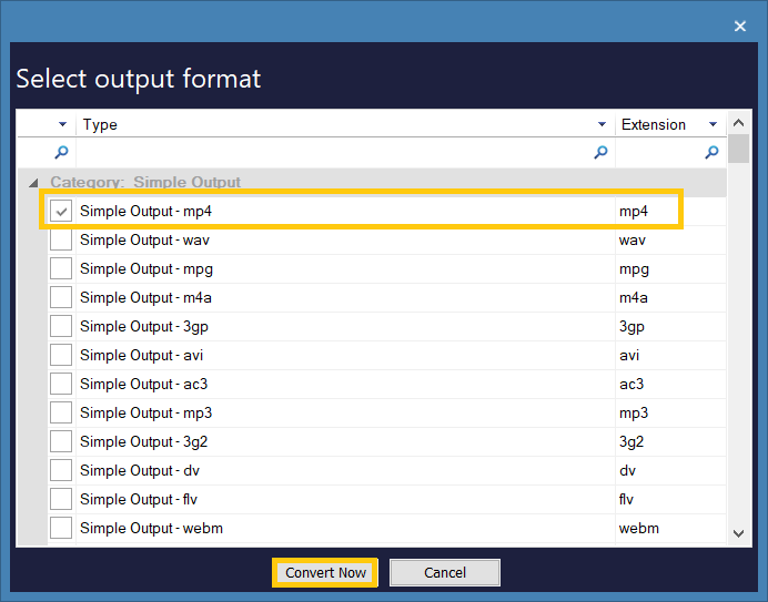 Select the output format