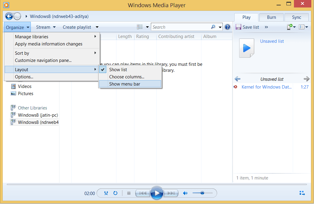 Select Show Menu Bar in layout