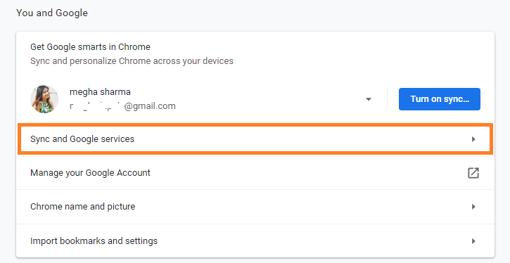 click Sync and Google services option