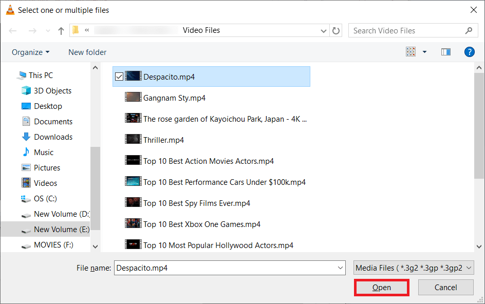 Go to the location of the video file and select it
