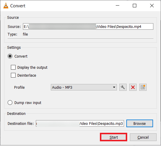 choosing all the settings for the conversion click the Start
