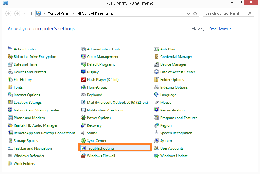 Open All Control Panel Items and select Troubleshooting