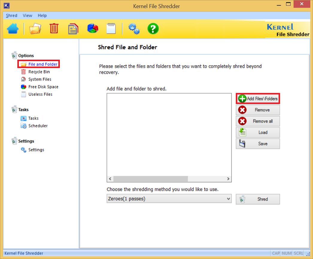 Click Add File or Folders that will open the wizard to shred file and folder