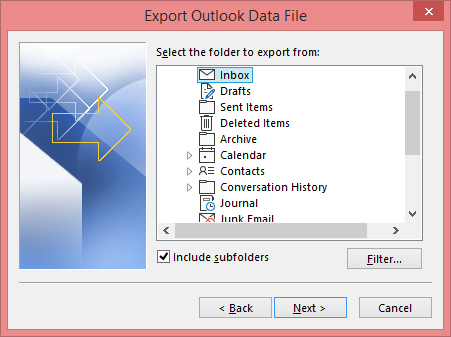 Select the folders or mailboxes to export them to PST