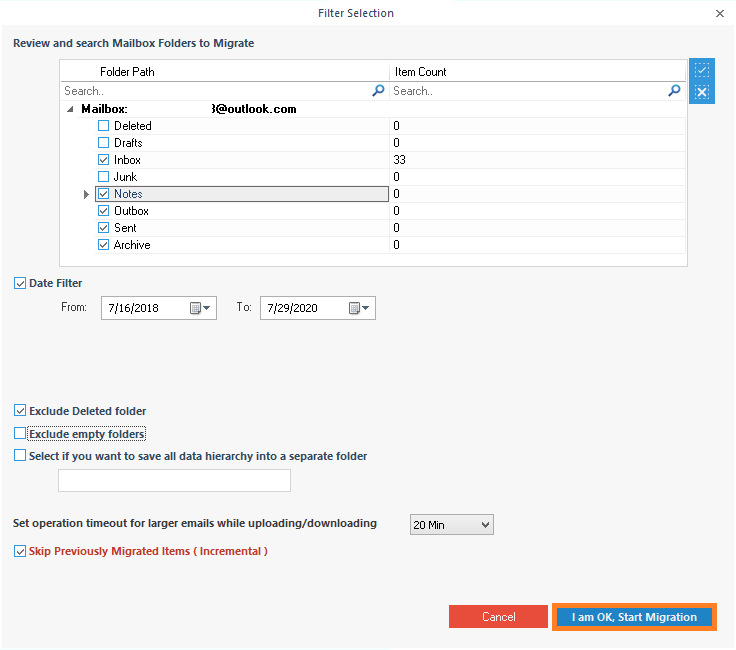 Apply filter option and start migration