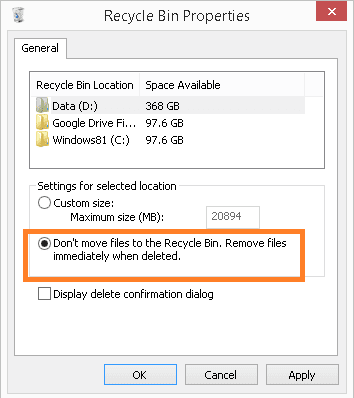 Remove files immediately when deleted and click on OK