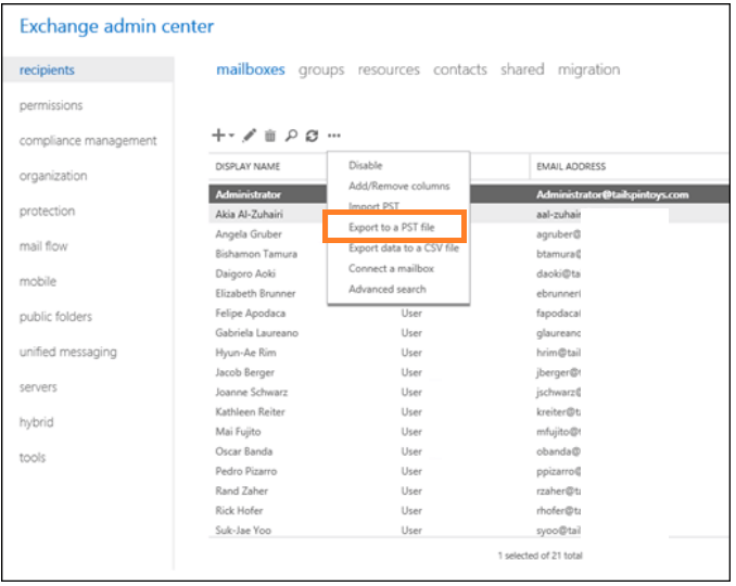 export your EDB mailboxes to PST using EAC