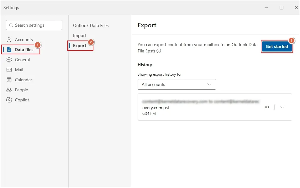 click on Data files then Export and Get started