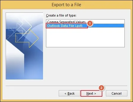 select outlook data file and click next