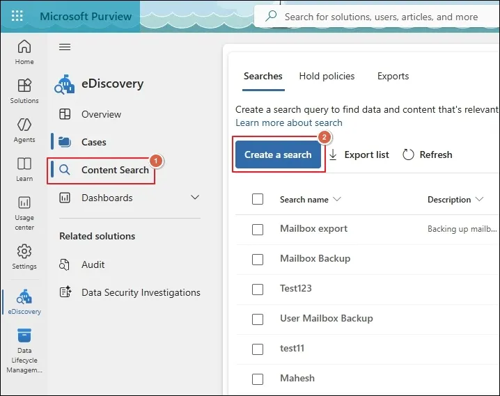 Go to content search and create a search