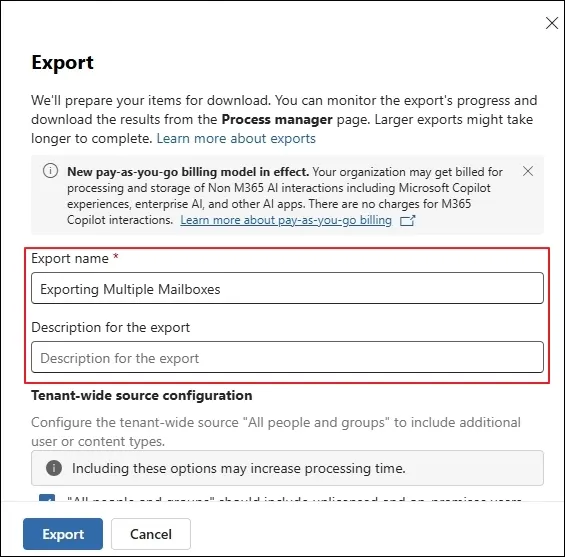 Give Export name and Description