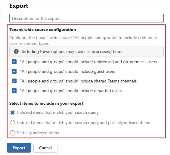 Select items to export 