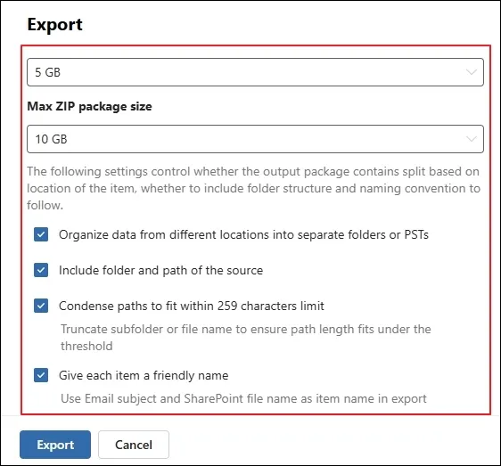 Click on export after selecting package size