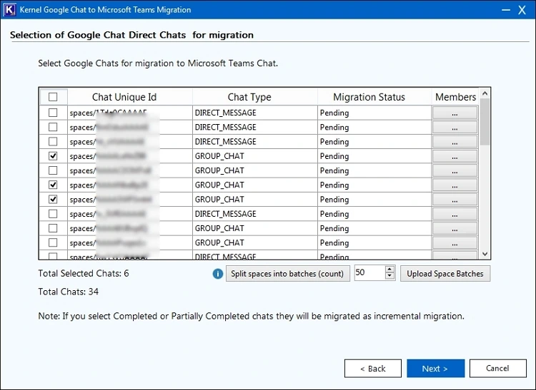 select chats for migratiion