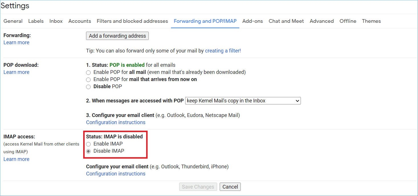 check if the IMAP is enabled