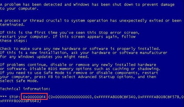 0x000000f4 blue screen error