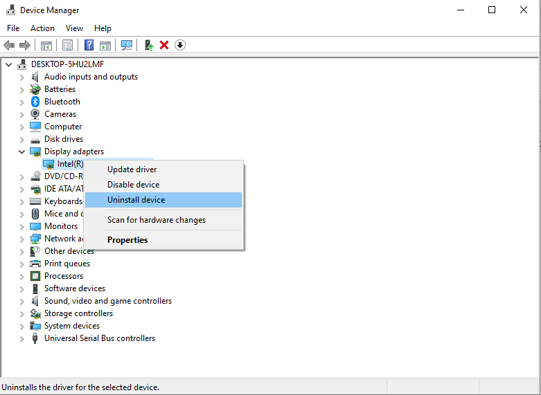 click on the uninstall device