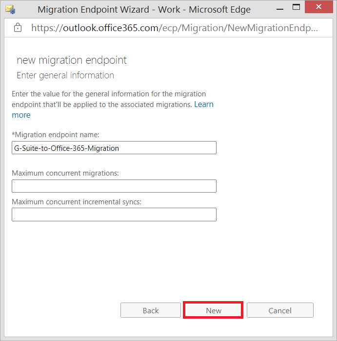 Enter the new name of migration endpoint