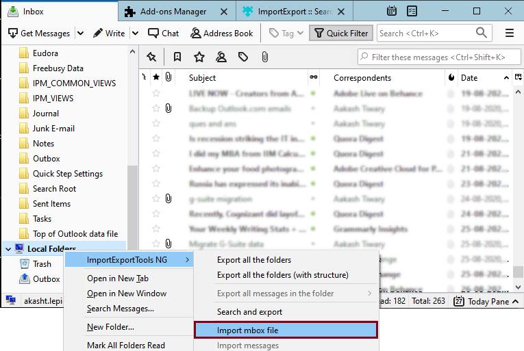 select ImportExportTools NG and Import mbox file