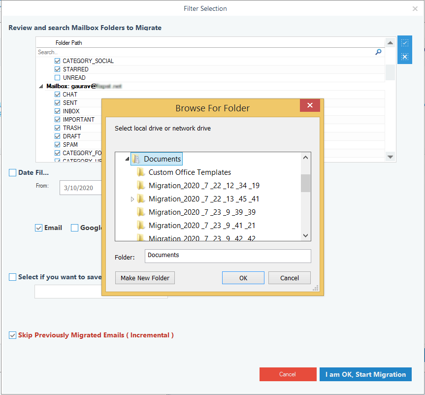 Choose a location to save the backup PST