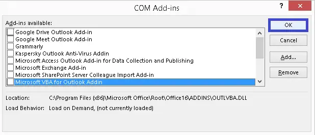 unselect all the add-ins