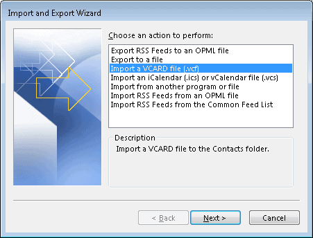 Select Import a VCARD file (.vcf) 
