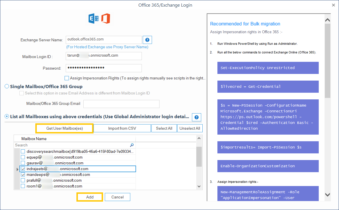 Add the Office 365 login details