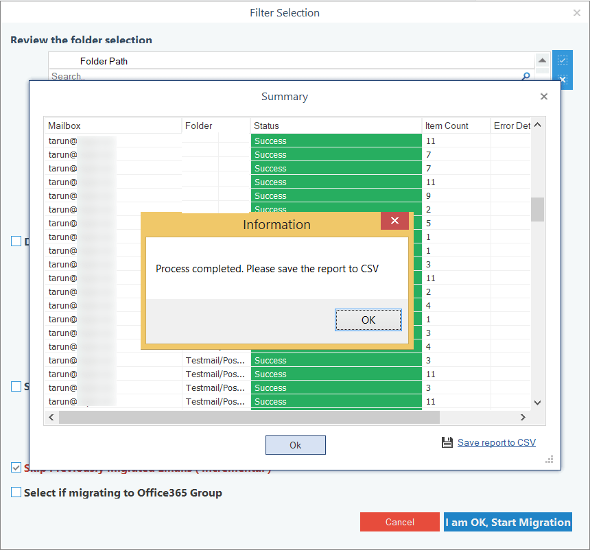 migration report in the CSV file