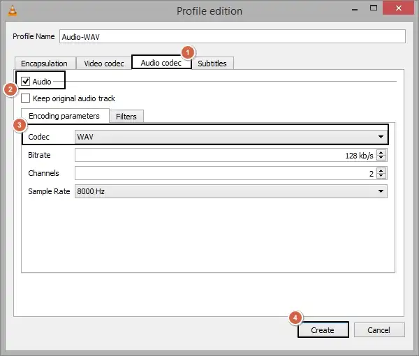 go to audio select codec and select wav