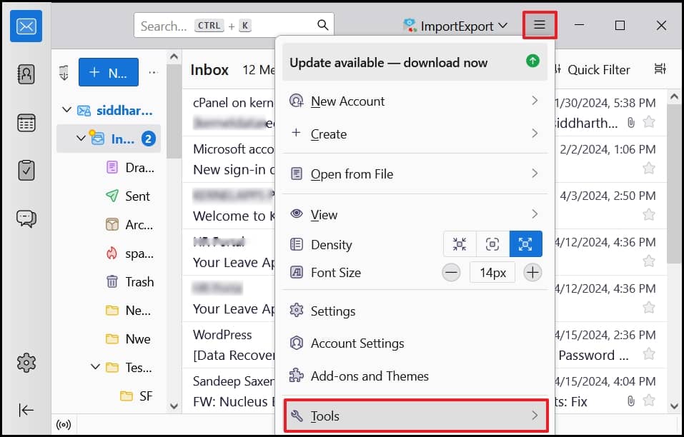 Open thunderbird to import