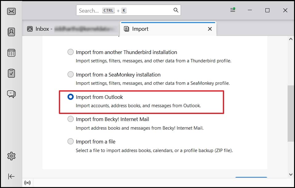 Open thunderbird to import PST file